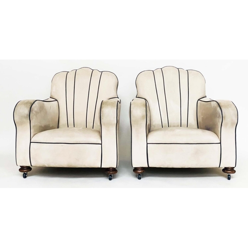 127 - ARMCHAIRS, a pair, Art Deco style and simulated suede fabric upholstered with 'cloud' backs, contras... 