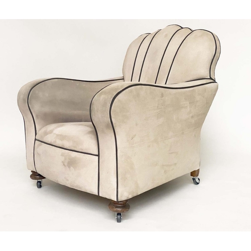 127 - ARMCHAIRS, a pair, Art Deco style and simulated suede fabric upholstered with 'cloud' backs, contras... 