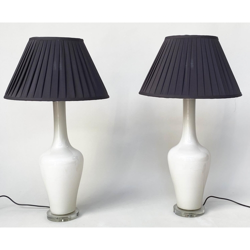 129 - OPALINE TABLE LAMPS, a pair, opaline glass and chrome of vase form with shades, 80cm H (India Jane).... 