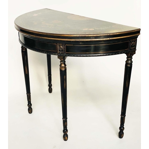 132 - CONSOLE TABLE, George III design black lacquered, demilune with gilt urn and floral decoration and f... 