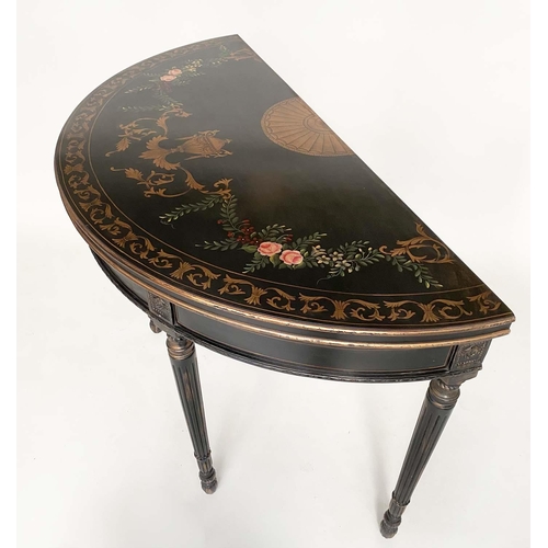 132 - CONSOLE TABLE, George III design black lacquered, demilune with gilt urn and floral decoration and f... 