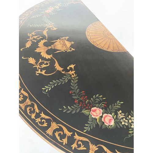 132 - CONSOLE TABLE, George III design black lacquered, demilune with gilt urn and floral decoration and f... 