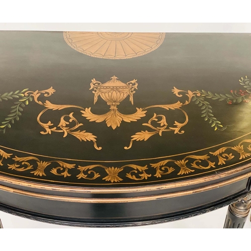 132 - CONSOLE TABLE, George III design black lacquered, demilune with gilt urn and floral decoration and f... 