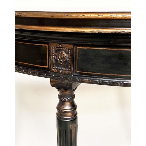 132 - CONSOLE TABLE, George III design black lacquered, demilune with gilt urn and floral decoration and f... 