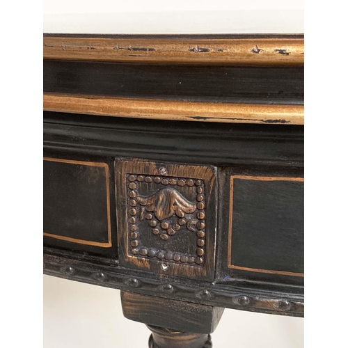 132 - CONSOLE TABLE, George III design black lacquered, demilune with gilt urn and floral decoration and f... 