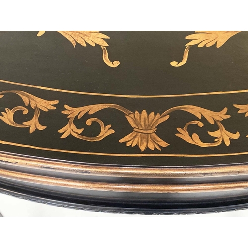 132 - CONSOLE TABLE, George III design black lacquered, demilune with gilt urn and floral decoration and f... 