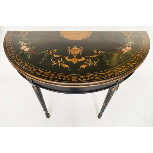 132 - CONSOLE TABLE, George III design black lacquered, demilune with gilt urn and floral decoration and f... 