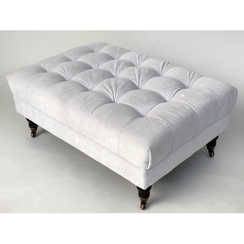 133 - BERKELEY OTTOMAN, rectangular off white cotton twill button upholstered with turned supports and cas... 