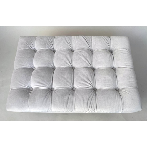 133 - BERKELEY OTTOMAN, rectangular off white cotton twill button upholstered with turned supports and cas... 