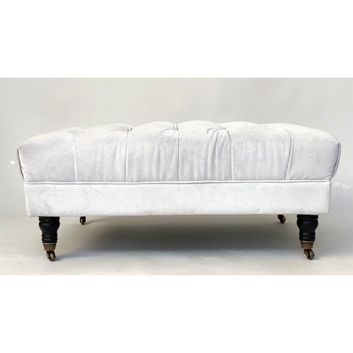 133 - BERKELEY OTTOMAN, rectangular off white cotton twill button upholstered with turned supports and cas... 