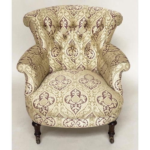 135 - ARMCHAIR, Victorian walnut with silk twill upholstery, buttoned back and turned front supports, 77cm... 