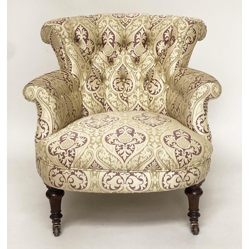 135 - ARMCHAIR, Victorian walnut with silk twill upholstery, buttoned back and turned front supports, 77cm... 