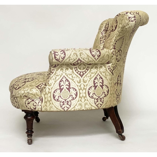 135 - ARMCHAIR, Victorian walnut with silk twill upholstery, buttoned back and turned front supports, 77cm... 