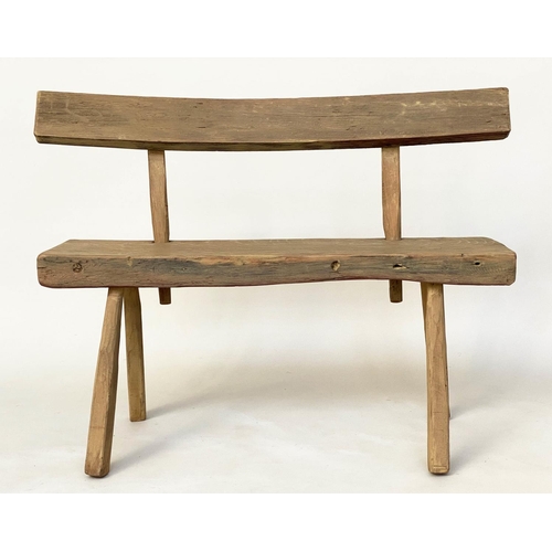 139 - HALL BENCH, antique rustic oak and pine with curved back rail and seat, 100cm W.