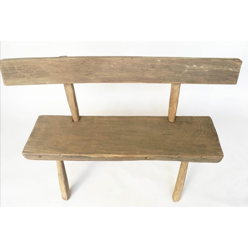 139 - HALL BENCH, antique rustic oak and pine with curved back rail and seat, 100cm W.