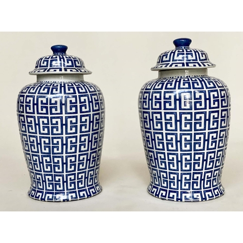 140 - TEMPLE JARS, a pair, Chinese blue and white ceramic, ginger jars form with lids, 44cm H. (2)