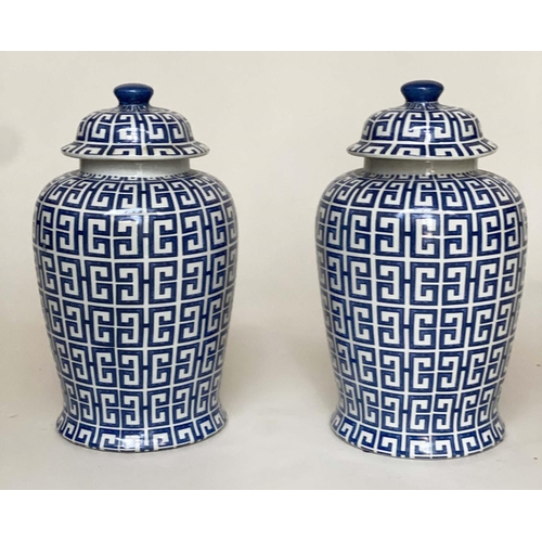 140 - TEMPLE JARS, a pair, Chinese blue and white ceramic, ginger jars form with lids, 44cm H. (2)