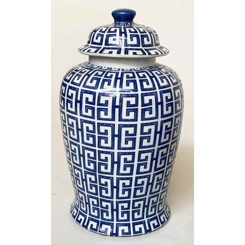 140 - TEMPLE JARS, a pair, Chinese blue and white ceramic, ginger jars form with lids, 44cm H. (2)