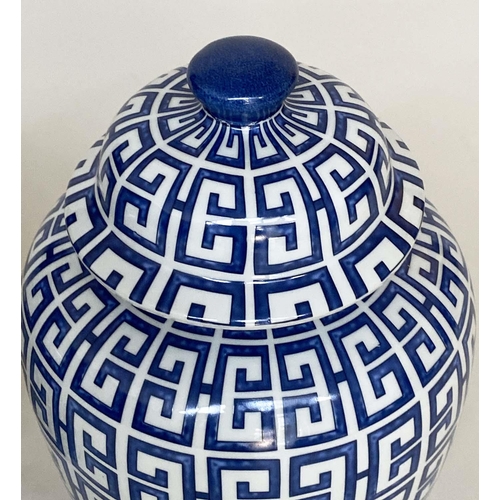 140 - TEMPLE JARS, a pair, Chinese blue and white ceramic, ginger jars form with lids, 44cm H. (2)