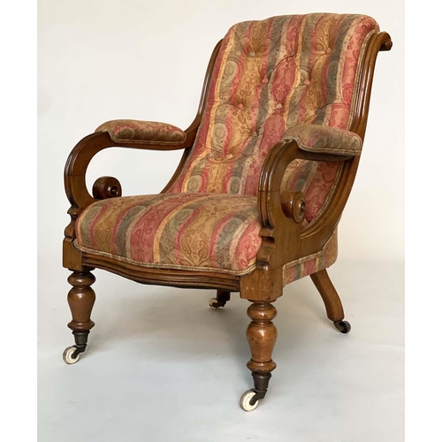 141 - ARMCHAIR, 19th century mahogany framed, buttoned paisley upholstery, with scroll arms and ceramic ca... 