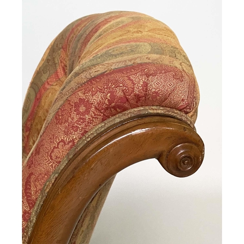 141 - ARMCHAIR, 19th century mahogany framed, buttoned paisley upholstery, with scroll arms and ceramic ca... 