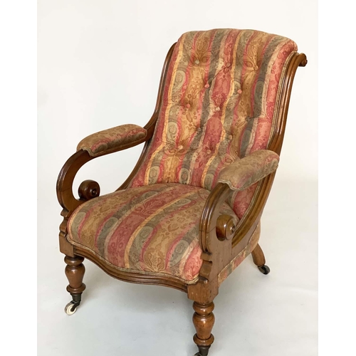 141 - ARMCHAIR, 19th century mahogany framed, buttoned paisley upholstery, with scroll arms and ceramic ca... 