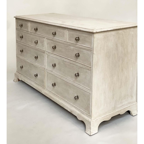 142 - LOW CHEST, George III design grey painted with nine drawers and brackets supports, 153cm W x 47cm D ... 