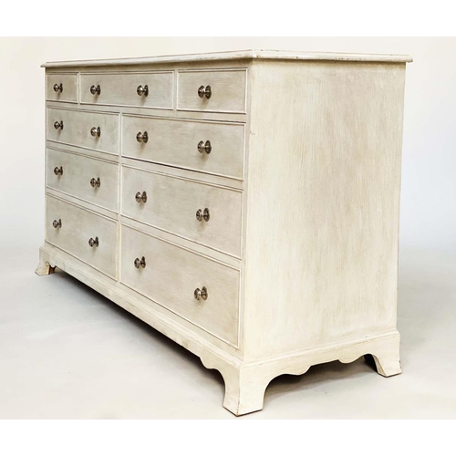 142 - LOW CHEST, George III design grey painted with nine drawers and brackets supports, 153cm W x 47cm D ... 