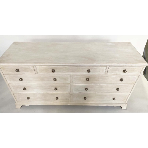 142 - LOW CHEST, George III design grey painted with nine drawers and brackets supports, 153cm W x 47cm D ... 