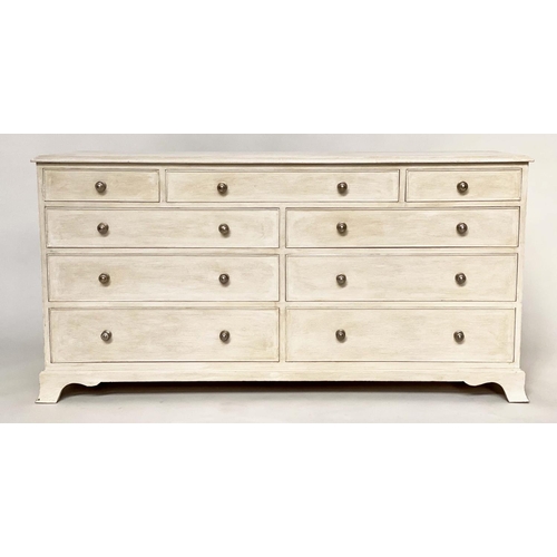 142 - LOW CHEST, George III design grey painted with nine drawers and brackets supports, 153cm W x 47cm D ... 