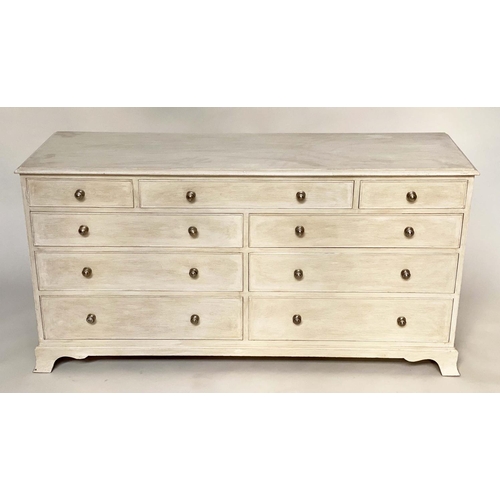 142 - LOW CHEST, George III design grey painted with nine drawers and brackets supports, 153cm W x 47cm D ... 