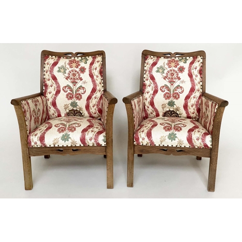 143 - ARMCHAIRS, a pair, oak framed and brass studded floral upholstery, 61cm W. (2)