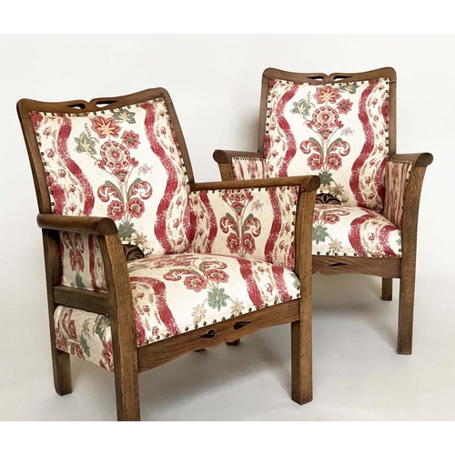 143 - ARMCHAIRS, a pair, oak framed and brass studded floral upholstery, 61cm W. (2)