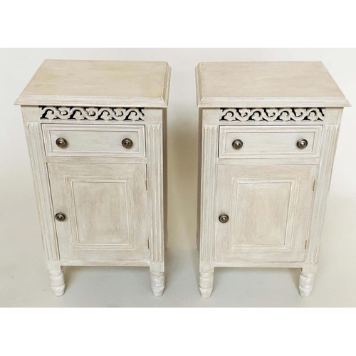 144 - BEDSIDE CABINETS, a pair, French traditionally grey painted each with drawer, panelled door and pier... 