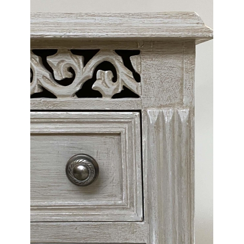 144 - BEDSIDE CABINETS, a pair, French traditionally grey painted each with drawer, panelled door and pier... 