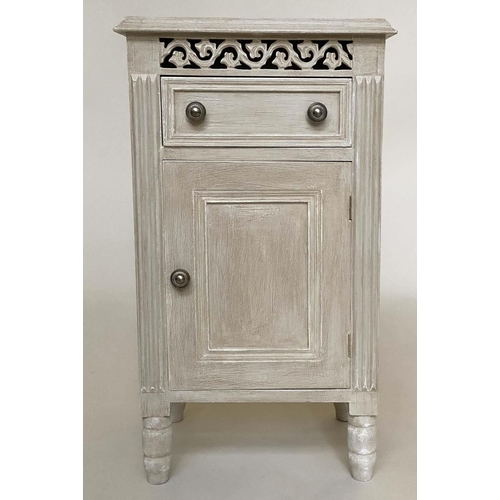 144 - BEDSIDE CABINETS, a pair, French traditionally grey painted each with drawer, panelled door and pier... 