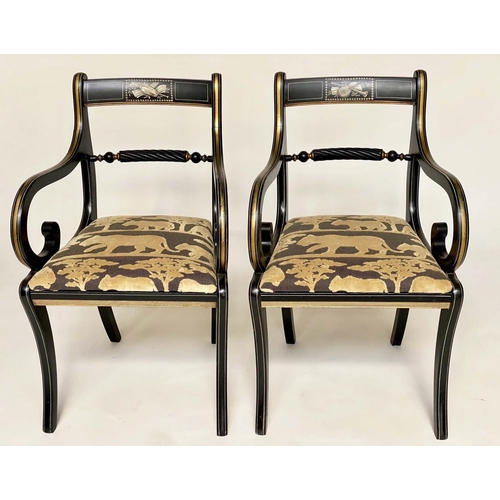 145 - ARMCHAIRS, a pair, Regency design, gilt and lacquered with 'Safari' fabric upholstered cushions (And... 