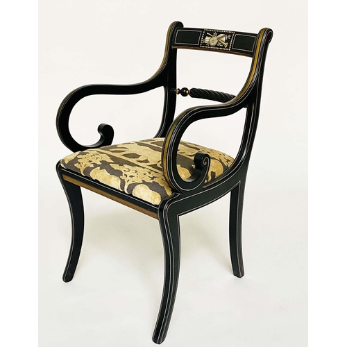 145 - ARMCHAIRS, a pair, Regency design, gilt and lacquered with 'Safari' fabric upholstered cushions (And... 