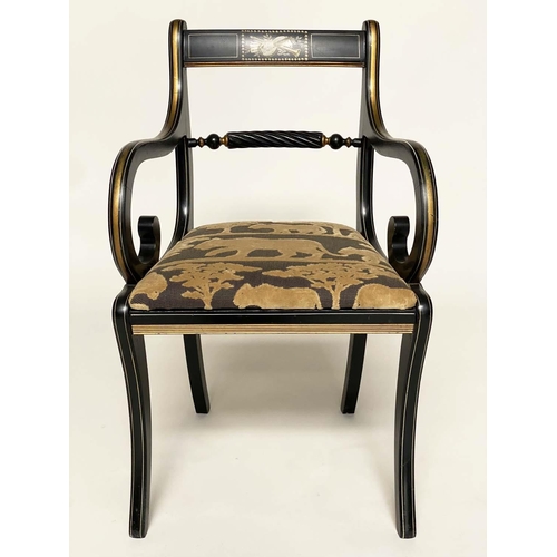 145 - ARMCHAIRS, a pair, Regency design, gilt and lacquered with 'Safari' fabric upholstered cushions (And... 