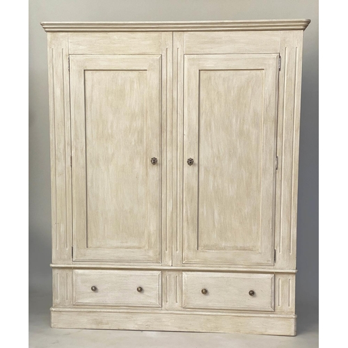 146 - ARMOIRE, French style traditionally grey painted with two panelled doors enclosing generous hanging ... 