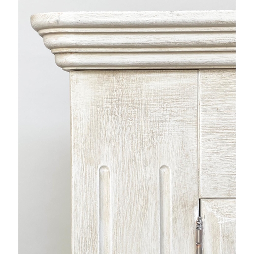 146 - ARMOIRE, French style traditionally grey painted with two panelled doors enclosing generous hanging ... 