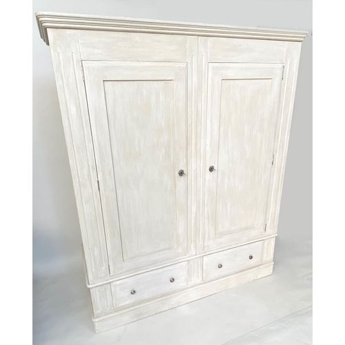 146 - ARMOIRE, French style traditionally grey painted with two panelled doors enclosing generous hanging ... 