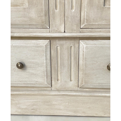 146 - ARMOIRE, French style traditionally grey painted with two panelled doors enclosing generous hanging ... 