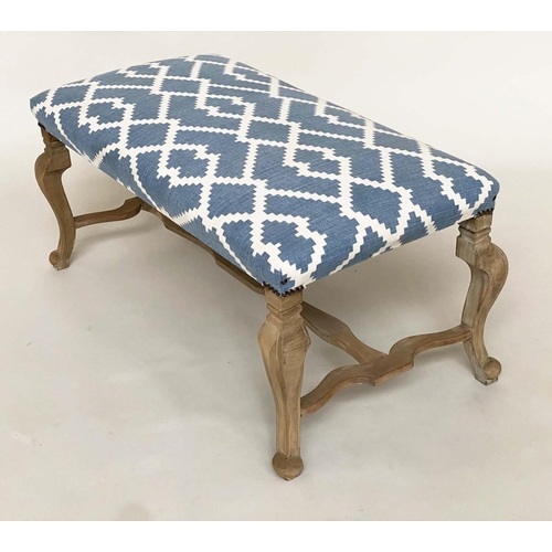 147 - WINDOW SEAT, Italian style rectangular blue and white geometric upholstery and shaped stretchered ag... 