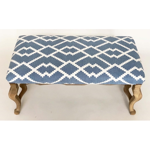 147 - WINDOW SEAT, Italian style rectangular blue and white geometric upholstery and shaped stretchered ag... 