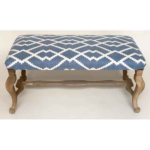 147 - WINDOW SEAT, Italian style rectangular blue and white geometric upholstery and shaped stretchered ag... 