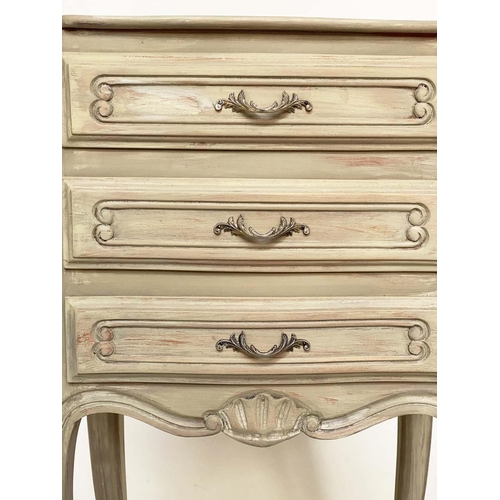 148 - BEDSIDE CHESTS, a pair,  French Louis XV design aged cherrywood each with three drawers, 42cm W 31cm... 