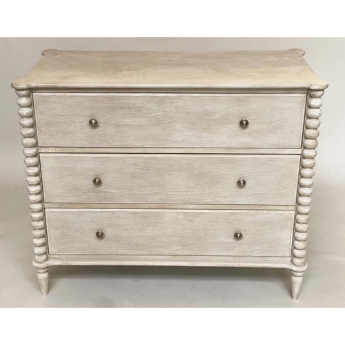 150 - COMMODE, shaker style traditionally grey painted with three long drawers, and bobbin turned pilaster... 