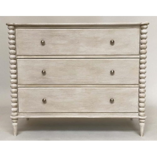 150 - COMMODE, shaker style traditionally grey painted with three long drawers, and bobbin turned pilaster... 