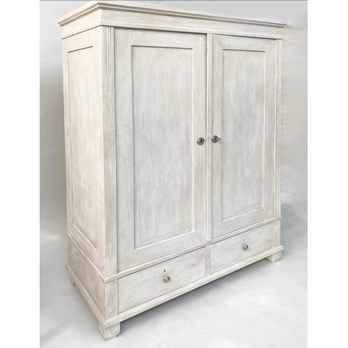 151 - ARMOIRE, 19th century French, traditionally grey  painted with two panelled doors enclosing hanging ... 